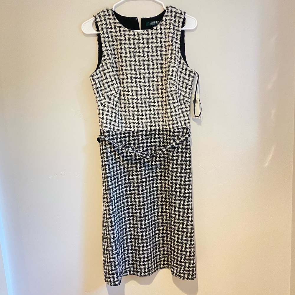 New With Tags Lauren Ralph Lauren Size 8 Black and White Patterned Belt Dress